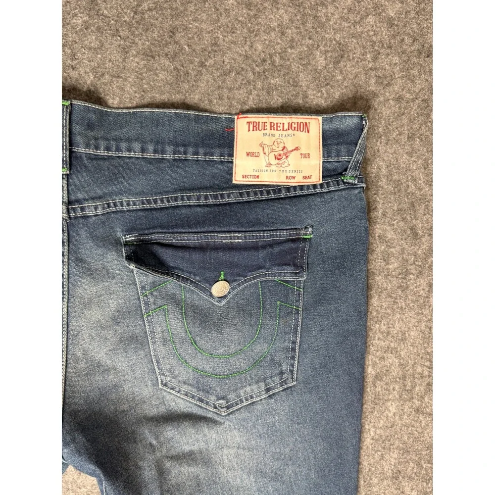 True Religion Ricky Relaxed Straight Jeans Mens 42 Blue Denim Neon Green Stitch